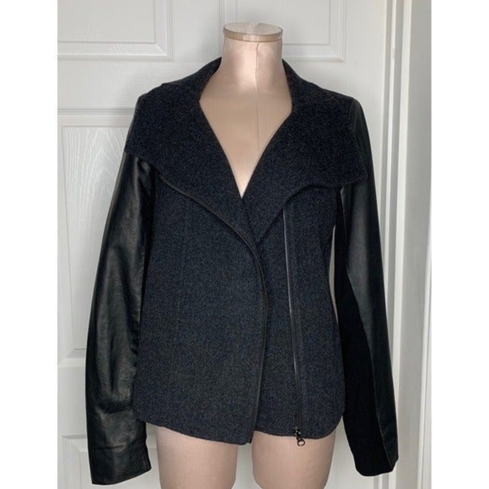 Vince Funnel Neck Jacket Wool w/ Leather Sleeves L